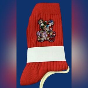 Womens socks red ribbed crystal beaded rhinestone teddy bear patch Valentine Day